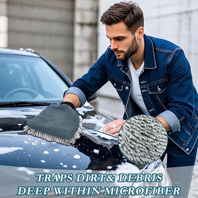 Qilmy Navy Blue Microfiber Chenille Car Wash Sponge Scratch Free Car Wash Mitt Absorbent Mitt Sponge for Trucks SUVs Car Washing Home Cleaning, Large