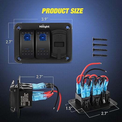 Nilight 2 Gang Rocker Switch Panel Blue Backlit with PD Type C and USB Charger Voltmeter Waterproof 12V 24V DC Night Glow Stickers for Car Trucks Boats RVs