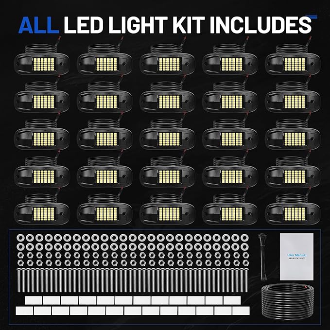 25 Pods 6500k White Rock Lights, IP68 Waterproof 36 LEDs SMD Chips Underglow Kit for Truck Pickup SUV UTV ATV RZR Car Boats