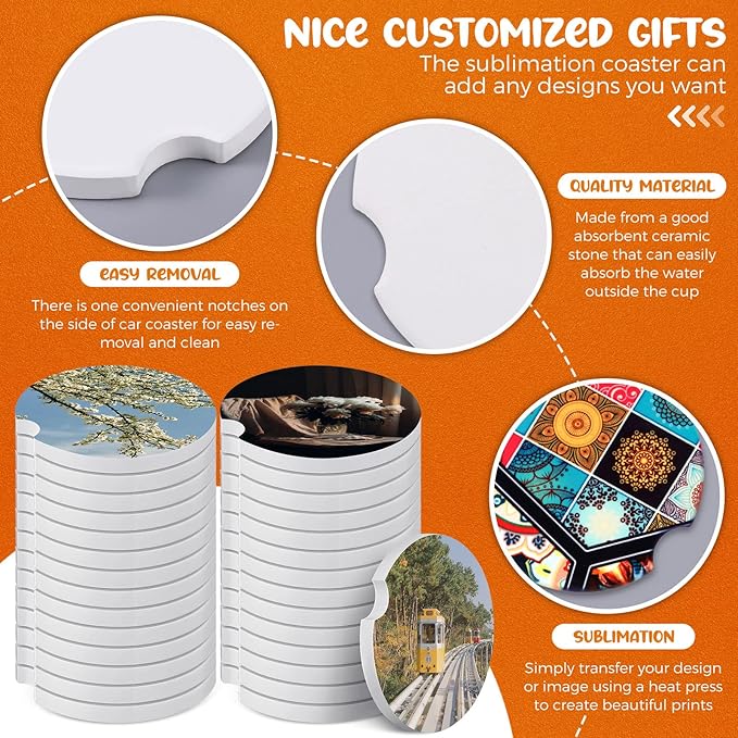 Frienda Ceramic Car Sublimation Blanks Cupholders Sandstone for Car Cup with Finger Notch for Easy Removal Ceramic Auto Cupholder Keep Vehicle from Cold Drink Sweat Stain Spill(24 Pieces)