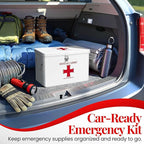 Flexzion First Aid Box Organizer Empty with Lock - 13" White Vintage First Aid Kit Tin Metal Medical Box - First Aid Storage Bin Container with Dividers, Removable Tray and Red Cross Logo