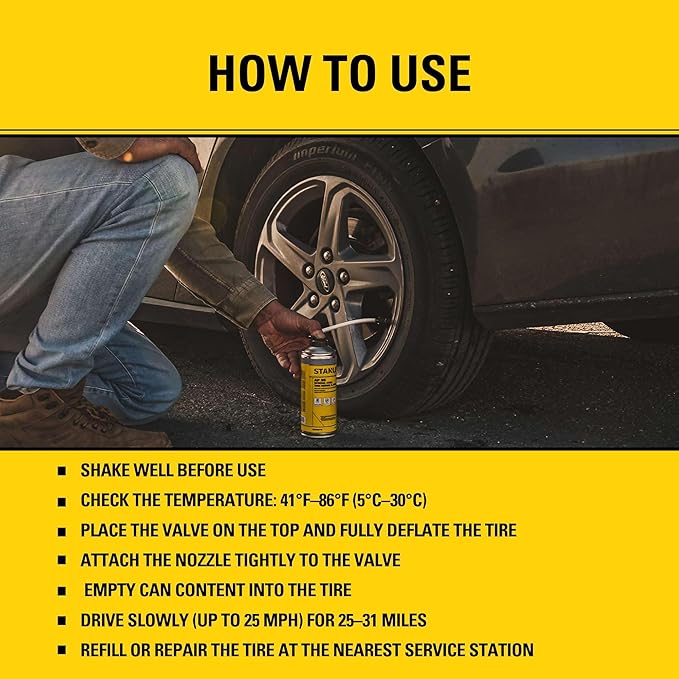 STANLEY AP95 Tire Repair & Inflator – (1x10 oz.) Flat Tire Sealant Spray Kit for Car, Bike, Motorcycle – Seals & Inflates Tubeless Tires – No Jack Needed – Emergency Tire Fix – Rim Safe | 1 Pack