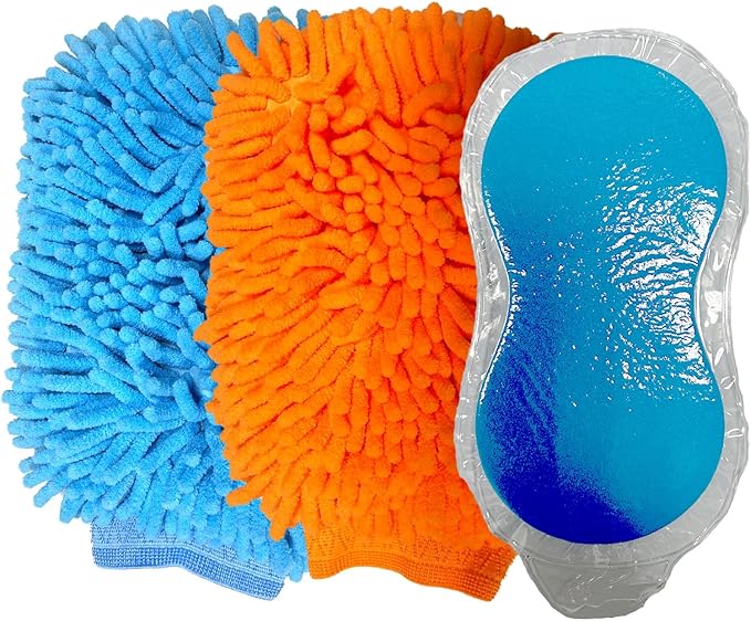 3PCS Car Wash Kit with 2 Premium Soft Microfiber Chenille & Plush Wash Mitts + High-Density Sponge, Scratch-Free Cleaning for Cars/Home/window/mirror/bathroom – Durable&Absorbent& Multi-Purpose (3)