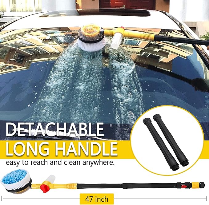 Car Wash Brush with Hose Attachment, 360 Spin Car Wash Brush with Soap Dispenser, Soft Bristle Car Cleaning Brush Mop Scrub Brush, Flow Through Car Washing Brush Kit Long Handle (Yellow)
