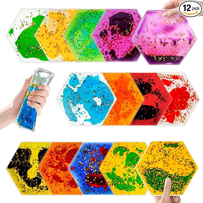 Squishy Liquid Sensory Gel Tiles 12 Packs - Hexagon Liquid Sensory Pads for Stress Relief & Fidget Fun, Washable Sensory Floor Tiles for Toddles 3+ Home, Classroom, Travel