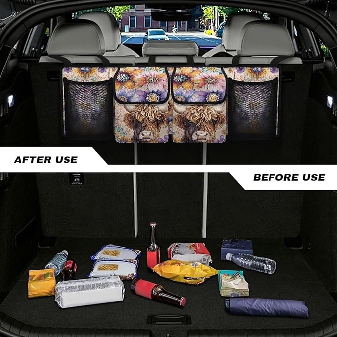 Floral Highland Cow Car Trunk Organizer Sturdy Trunk Hanging Storage Bag with 4 Compartments Backseat Car Organizer for SUV,Truck,Van