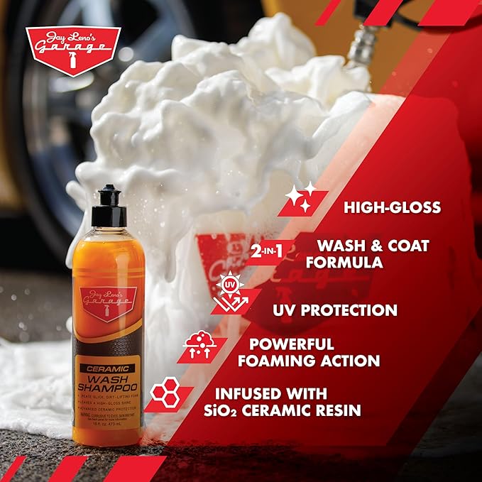 Jay Leno's Garage Ceramic Wash Shampoo Car Wash Soap with SiO2 Ceramic Protection High Foaming Gloss Enhancer Water Beading for Coated and Non Coated Vehicles (16 OZ)