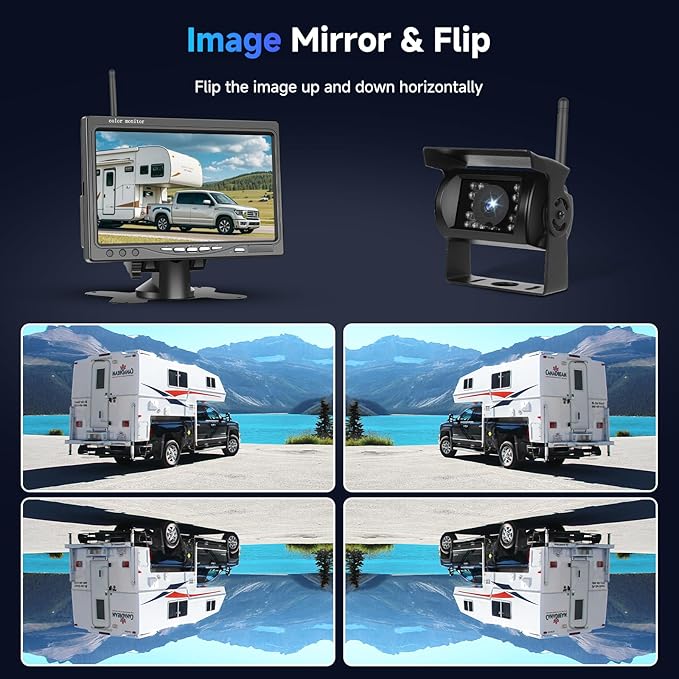 1080P HD Wireless Backup Camera System, 7-inch LCD Monitor with 2 Rearview Camera for Trailer RV Camper Truck Car Bus, DIY Guide Lines, IP68 Waterproof, Night Vision, BSD, 12V-36V