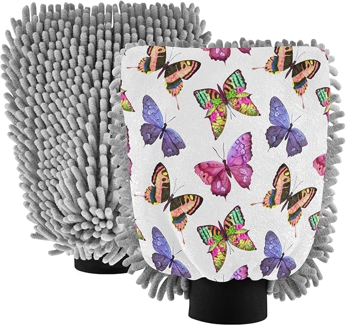Qilmy Watercolor Butterflies Microfiber Chenille Car Wash Sponge Scratch Free Car Wash Mitt Absorbent Mitt Sponge for Trucks SUVs Car Washing Home Cleaning, Medium