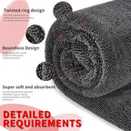 Wasal Car Drying Towel - 24" x 36" XL, Popular Pick Among Detailing Pro- 1300 GSM Microfiber Edgeless Twisted Loop Design - 70/30 Blend, Extra Large,Super-Fast Drying, Streak Free