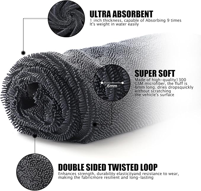 1300GSM Microfiber Car Cleaning Kit 4 Pack, 2 Chenille Wash Mitts & 2 Drying Towels (90cm×60cm & 60cm×40cm), Scratch-Free Lint-Free for Car RV Truck