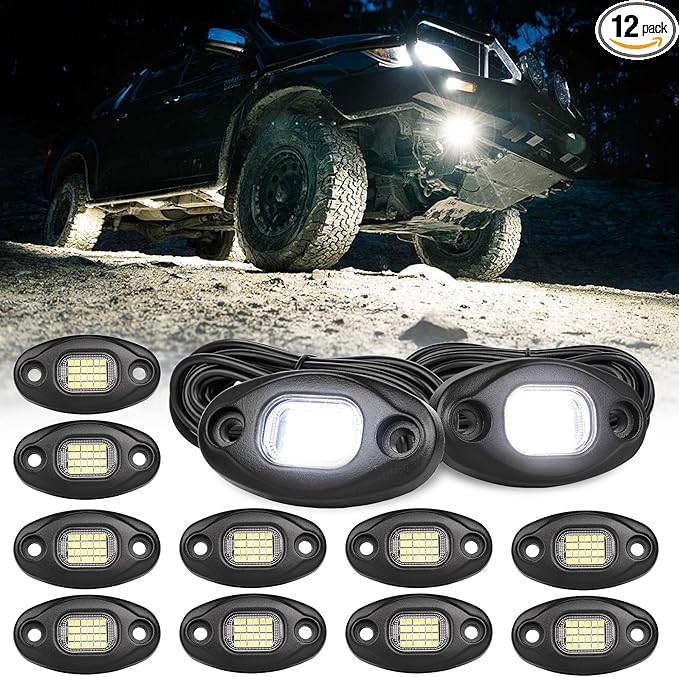 Rock Lights with 15FT Wire Extender, Aluminum Case, 24Chip High Power 6000k Pure White, Waterproof IP68 Underglow Lights for Trucks Jeep UTV ATV(12 PCS)