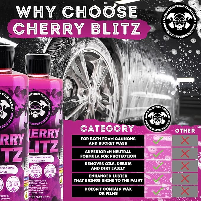 16oz Cherry Blitz Foaming Car Wash Soap | pH-Neutral Shampoo for Foam Cannons, Buckets & Pressure Washers | Safe for Ceramic & Waxed Finishes | Spot-Free Shine for Cars & Trucks