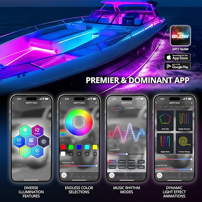 OPT7 Aura DreamColor Boat Lights Waterproof, 12V RGB-IC Marine LED Strips with APP & Remote Control, Multi Color Chasing Lighting Kit, Interior Deck Light for Pontoon Jon Bass Boat, Outdoor Gifts