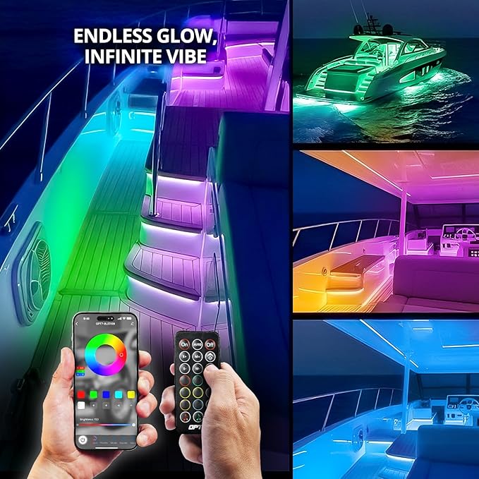 OPT7 Aura DreamColor Boat Lights Waterproof, 12V RGB-IC Marine LED Strips with APP & Remote Control, Multi Color Chasing Lighting Kit, Interior Deck Light for Pontoon Jon Bass Boat, Outdoor Gifts