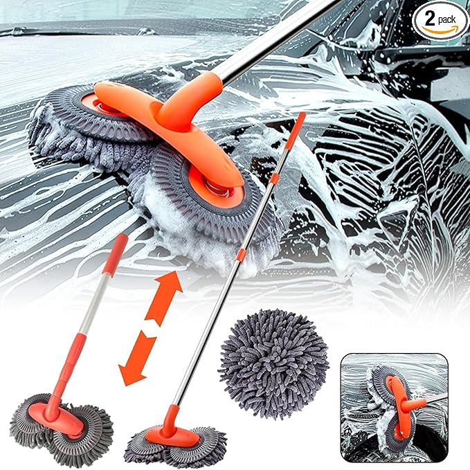 Retractable Car Wash Brush with Long Handle, Rotatable Long Handle Car Cleaning Kit, Brush Duster Scratch Free Cleaning Tool, Car Windshield Window Cleaning Kit, Microfiber Car Duster Dry Towels (2)
