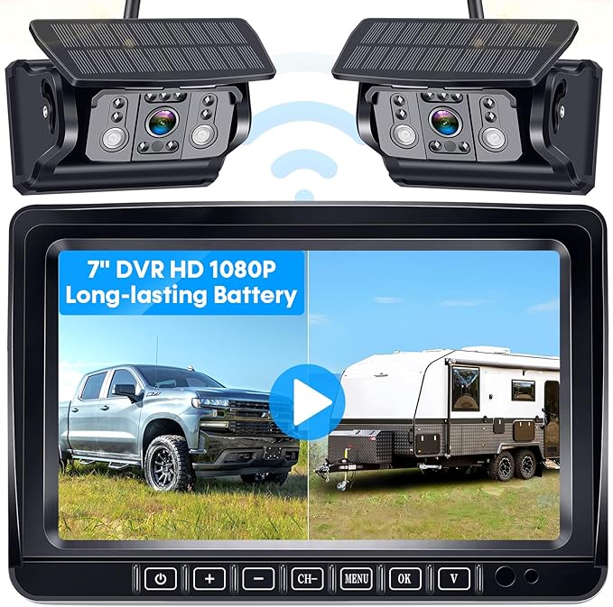 HD 1080P Magnetic Wireless Backup Camera: 1-Min Easy Install No Wiring 25H Long Battery Life for Long Travel - 7" Recording Monitor Dual Solar Backup Cameras for RV Trailer Camper Truck