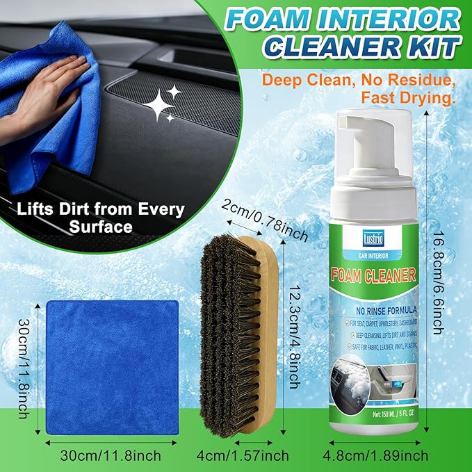 Car Interior Foam Cleaner – All-in-One Auto Detailing Kit with Soft Brush & Microfiber Towel – Safe for Leather, Vinyl, Fabric, Plastic Trim – No-Rinse Upholstery & Carpet Cleaner 150ml（5oz）