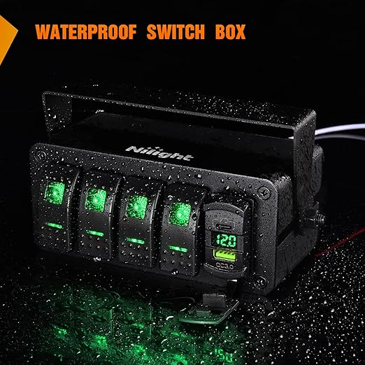 Nilight 4 Gang Rocker Switch Box 12V SPST ON Off Toggle Switches PD Type C and QC 3.0 USB Charger Voltmeter LED Light Waterproof Aluminum Mount Bracket Panel DIY Stickers for Boat Car RV Truck