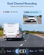 PGYIOO！Dash Cam, 4K Dash Cam Front and 2.5K Rear, Dash Camera for Cars with APP, 3" IPS Display Car Camera, 175°+160°Wide Angle, Night Vision, 24H Parking Mode, Loop Recording, 32GB Card