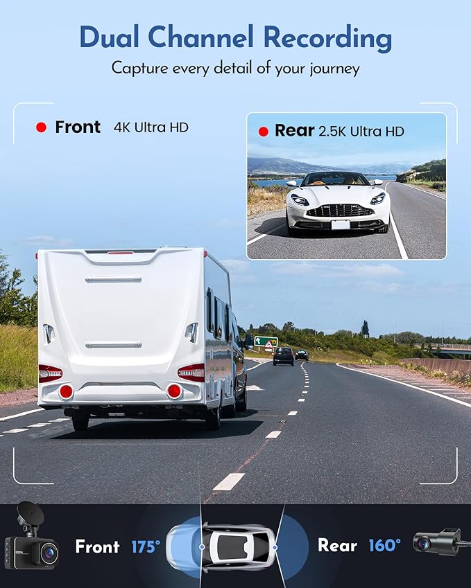 PGYIOO！Dash Cam, 4K Dash Cam Front and 2.5K Rear, Dash Camera for Cars with APP, 3" IPS Display Car Camera, 175°+160°Wide Angle, Night Vision, 24H Parking Mode, Loop Recording, 32GB Card