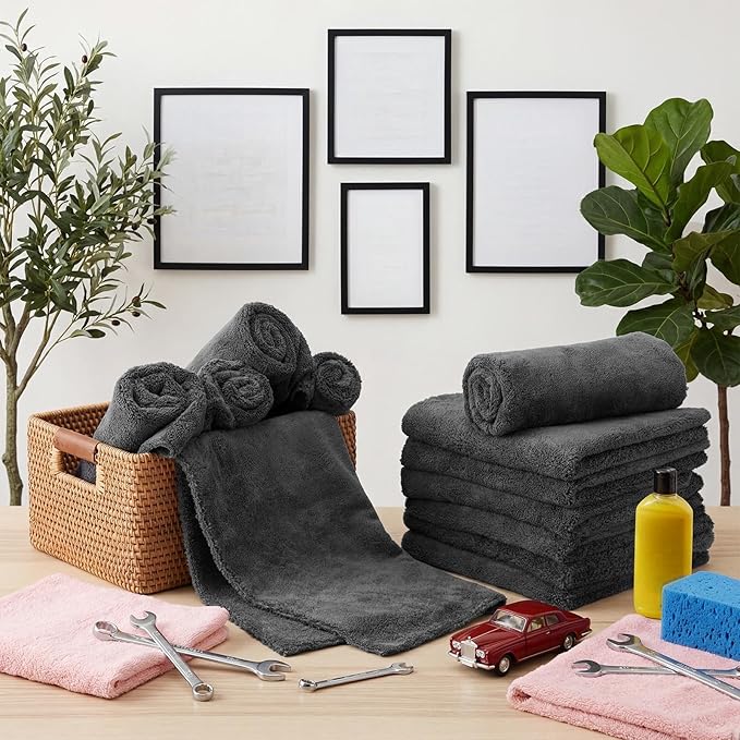 Shimeyao 20 Pcs 16 x 16 Inch Edgeless Microfiber Plush Towels for Cars Detailing Drying Wash Polishing Absorbent Cleaning Cloths, 500 GSM (Gray)