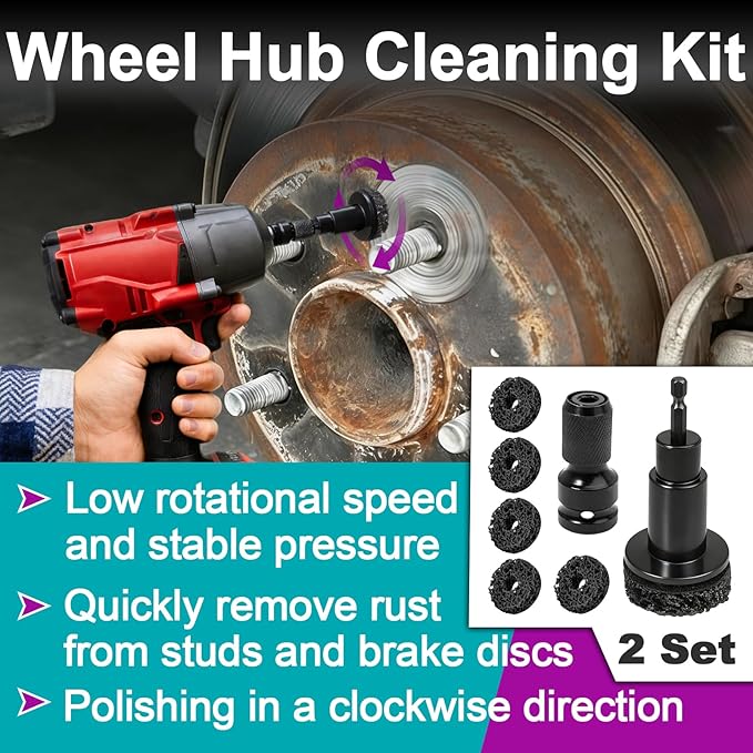 2 Sets Wheel Hub Cleaning Kit Fits Power Drill or 1/2" Impact Driven Wrenches for Car & Truck, Hub Cleaning Tool Quickly Remove Rust from Studs and Brake Discs