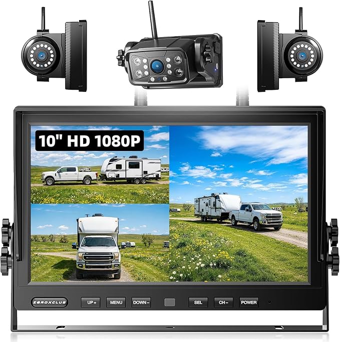 3 Magnetic Wireless Backup Camera with HD 1080P 10" DVR Monitor, 1-Rear View 2-Side View Cameras Wireless System for RV Trailer Trucks, Built-in 9600mAh Battery,Night Vision,Recording- ZEROXCLUB BC103