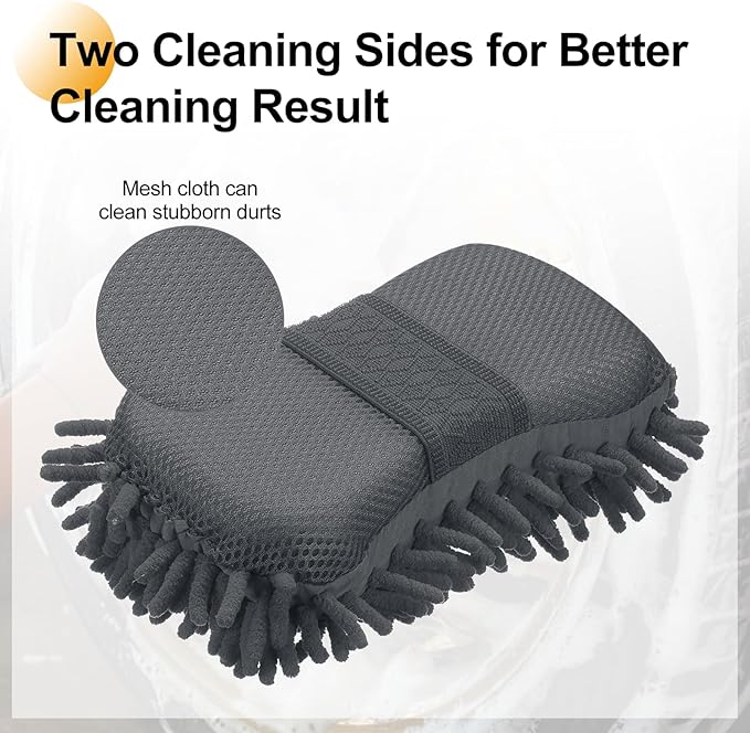 HARFINGTON Car Wash Sponge 8.7" x 4.3" Chenille Microfiber Mitt Scratch-Free Absorbent Scour Scrubber Cleaning Sponge for Washing Detailing on Cars, Trucks, SUV, Boats, RVs, Gray