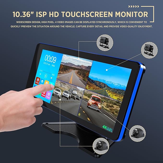 ASLONG 4CH Dash Cam Backup Camera with 9.36" Quad Split Touch Screen & 4 AHD Front Rear Sides View Camera with DVR Recording Avoid Blind Suitable for RV Semi Van Trailer Truck