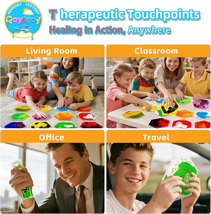 Squishy Liquid Sensory Gel Tiles 12 Packs - Hexagon Liquid Sensory Pads for Stress Relief & Fidget Fun, Washable Sensory Floor Tiles for Toddles 3+ Home, Classroom, Travel