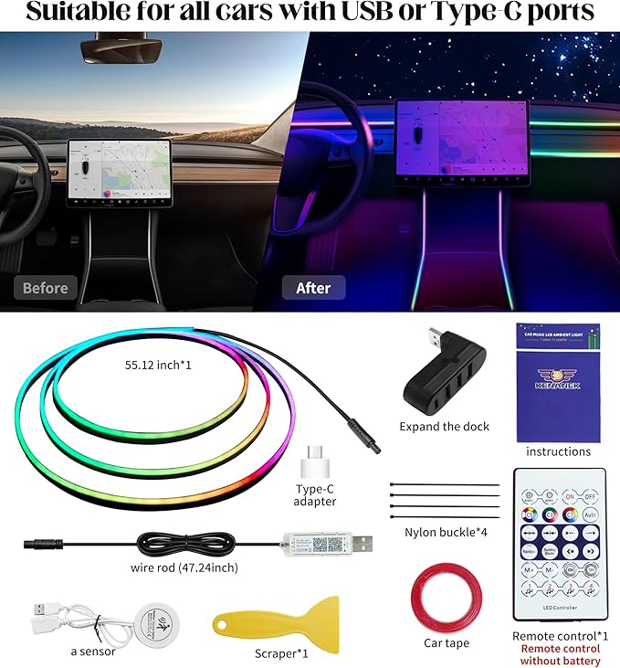 KENANEK 55.12Inch Tesla Interior Lights, 5V USB & Type-C Powered, with Motion Sensor and Docking Station, App Controlled Music Sync, OEM-Style Ambient Lighting Car with Dreamcolor Effects