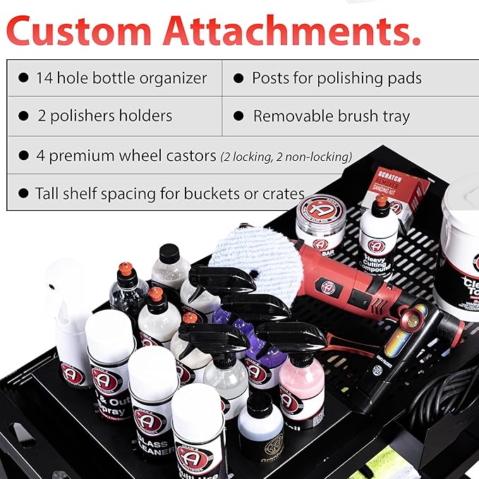 Adam's Polishes Professional Detail Cart Powder Coated Metal Car Detailing Cart for Garage | Storage Space, Rolling Premium Locking Casters, Polisher Holders, Heavy Duty Workshop, Detailers Garage