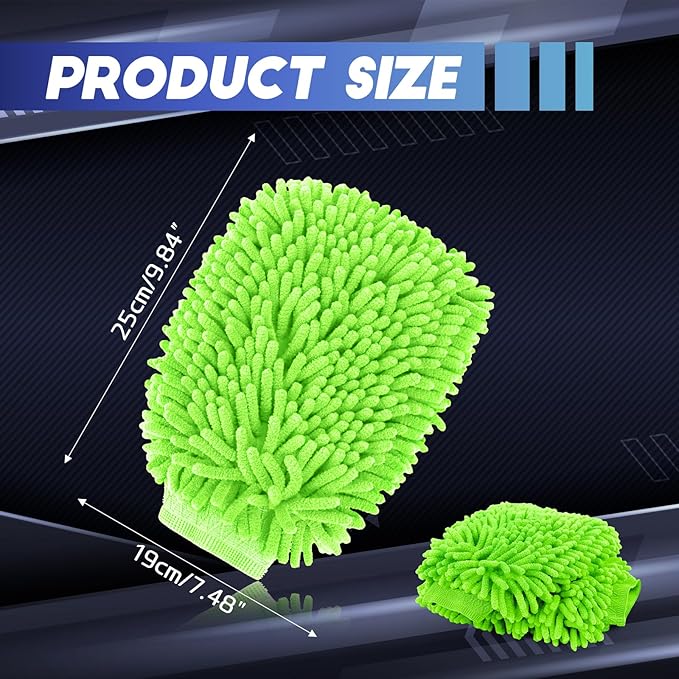 Wuyaoyao 2PCS Car Wash Mitt, 10.14"×7.12" Chenille Microfiber Car Wash Mitts, Scratch-Free & Lint-Free, Absorbent Double Sided Clean Glove for Cars Cleaning, Auto Cleaning Supplies (Fluorescent Green)