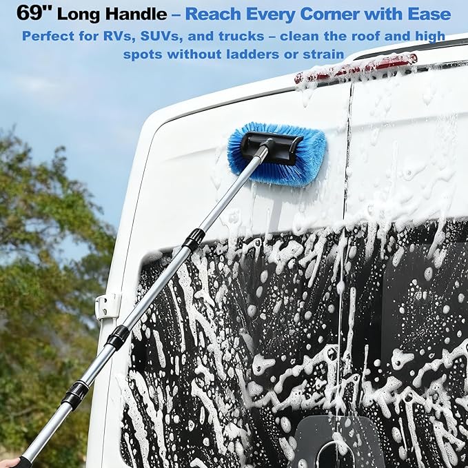 XCBYT Upgraded Car Wash Brush with Long Handle, 69'' Flow-Through RV Wash Brush Kit with Soft Bristle Brush, Chenille Mop, Squeegee & Duster, Adjustable Aluminum Pole Car Cleaning Kit for SUV RV Truck