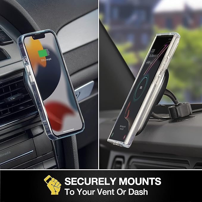 Scosche MPQ5DV-XTSP MagicMount Pro Charge5 15W Wireless Charging MagSafe Car Mount, Magnetic Phone Holder for Dashboard/Vent Compatible with iPhone 16/15/14/13/12 Pro/Pro Max/Plus, MagSafe Case & More