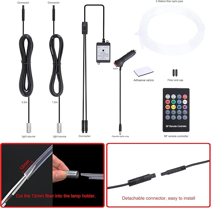 Car Interior Ambient Lighting Kit Multicolor RGB 3m Optic Fiber 8 Colors Sound Active Music Sync Memory Function Wireless RF Remote Controller Car Atmosphere Light DC 12V
