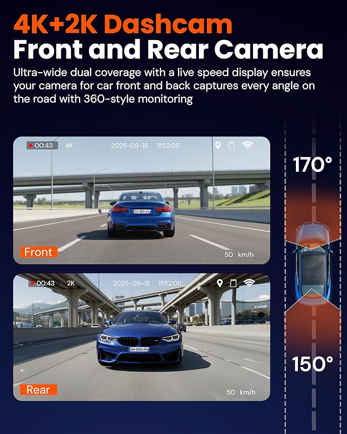 TORVO TD3 4K+2K Dash Cam with App, Camera for Car Front and Back with 5G WiFi & GPS, Free 64GB Card, Night Vision Dashcam Front Cameras 24/7 Recording When Car is Off, Security Camera for Cars