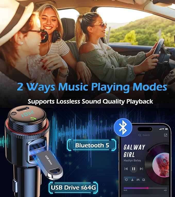 LIHAN Bluetooth 5.4 Car Adapter FM Transmitter, USB-C PD 30W & QC3.0 18W Fast Charging, HiFi Bass EQ, CVC Hands-Free Calls, Siri Google Assistant, Wireless Radio Adapter for 12V/24V Cars/Trucks/Vans
