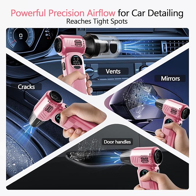 Cordless Air Duster & Handheld Vacuum 2-in-1, 8000mAh Rechargeable with Type-C Charging for Car, Keyboards, Electronics & Home – Pink