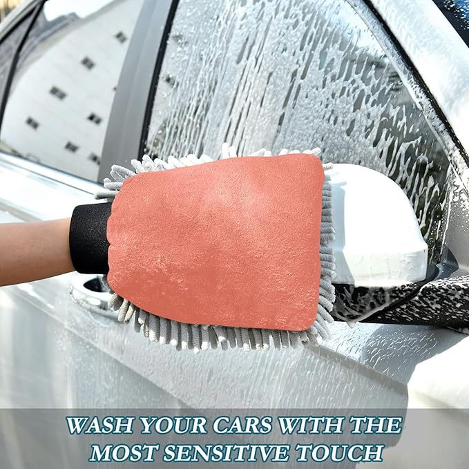 Qilmy Red-Orange Color Microfiber Chenille Car Wash Sponge Scratch Free Car Wash Mitt Absorbent Mitt Sponge for Trucks SUVs Car Washing Home Cleaning, Medium