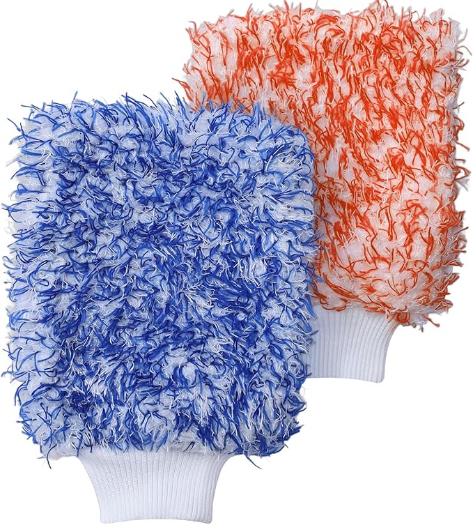 Microfiber Car Wash Mitts, 2Pack Premium Scratch-Free Car Wash Gloves with Thick Elastic Cuff for Auto Detailing, Cars, Trucks, SUVs, Boats (Blue & Red)