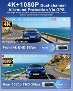 4K Dash Cam Front and Rear Camera with Voice Control,Car Cameras Dashcam for Cars with WiFi, GPS, 64G Card, 24H Parking Monitor, G-Sensor,IR Night Vision,Loop Recording