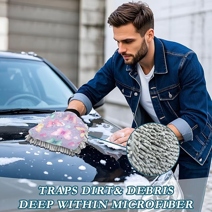 YETTASBIN Butterfly 2PCS Car Wash Mitts, Ultra Absorbent Chenille Microfiber Car Washing Gloves, Scratch-Free Lint-Free Auto Cleaning Mitt, Machine Washable Elastic Cuff Car Wash Sponge
