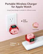 VRURC Charger for iPhone & Apple Watch, 20W USB C Fast Charging Block, 3-in-1 Compact Travel Adapter with 2 Port for iPhone 17/16/15/14/13, Wireless Magnetic for iWatch SE/11/10/9/8/7/6/5/4-Pink
