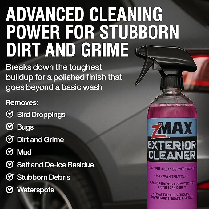 zMAX Exterior Cleaner, 24oz - Multi-Surface Pre Wash for Car Detailing and Spot Cleaning Stubborn Debris - Easily Removes Bird Droppings, Bugs, Dirt, Grime, Mud, Water Spots, Salt and De-Ice Residue