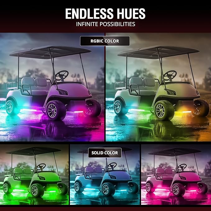 OPT7 Aura 12V DreamColor Underglow Chasing Lights for Golf Cart w/APP & Remote Control, Waterproof Rigid Aluminum Light Bar, Decorative RGB-IC Car LED Lighting Kit, EZGO Yamaha Club Car Universal Fit