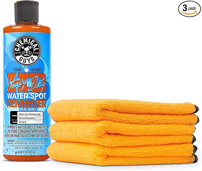 Chemical Guys SPI10816 Heavy Duty Water Spot Remover, 16 fl. ozwith Chemical Guys MIC_506_03 Professional Grade Premium Microfiber Towels, Gold 16" x 16", Pack of 3