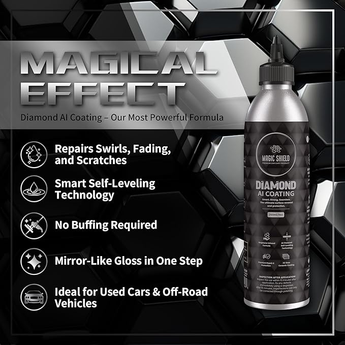 Magic Shield Diamond AI Coating – Graphene Liquid Self-Leveling Techology | Repairs & Protects | Last for 10 Years | High-Gloss Shine | Hydrophobic & Scratch-Resistant | for Car Paint, Headlights ONLY