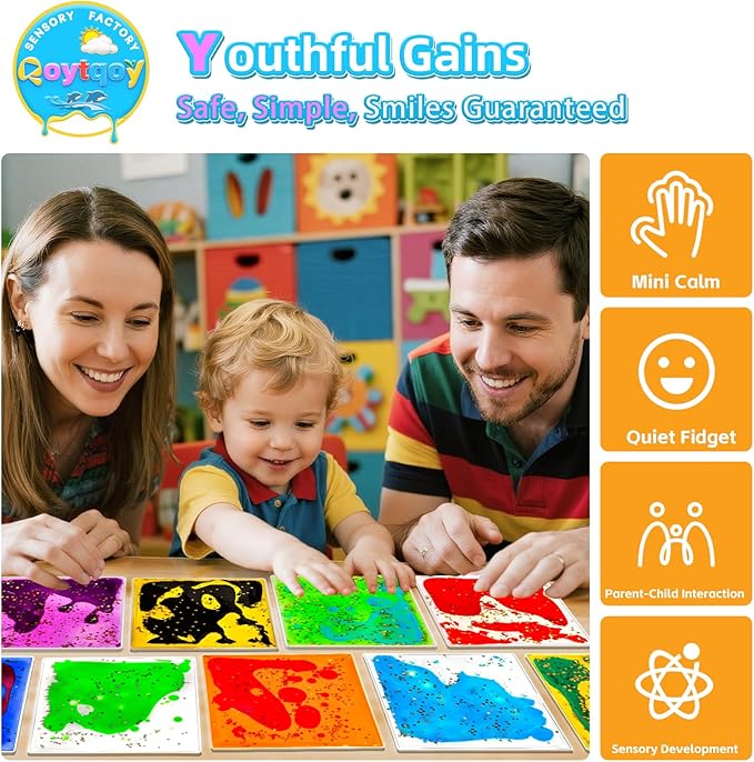 Squishy Liquid Sensory Gel Tiles 9 Packs - Square Sensory Fidget Toys for Stress Relief, Sensory Play & Portable Fun, Washable Sensory Floor Tiles for Kids in Home, Classroom, Travel